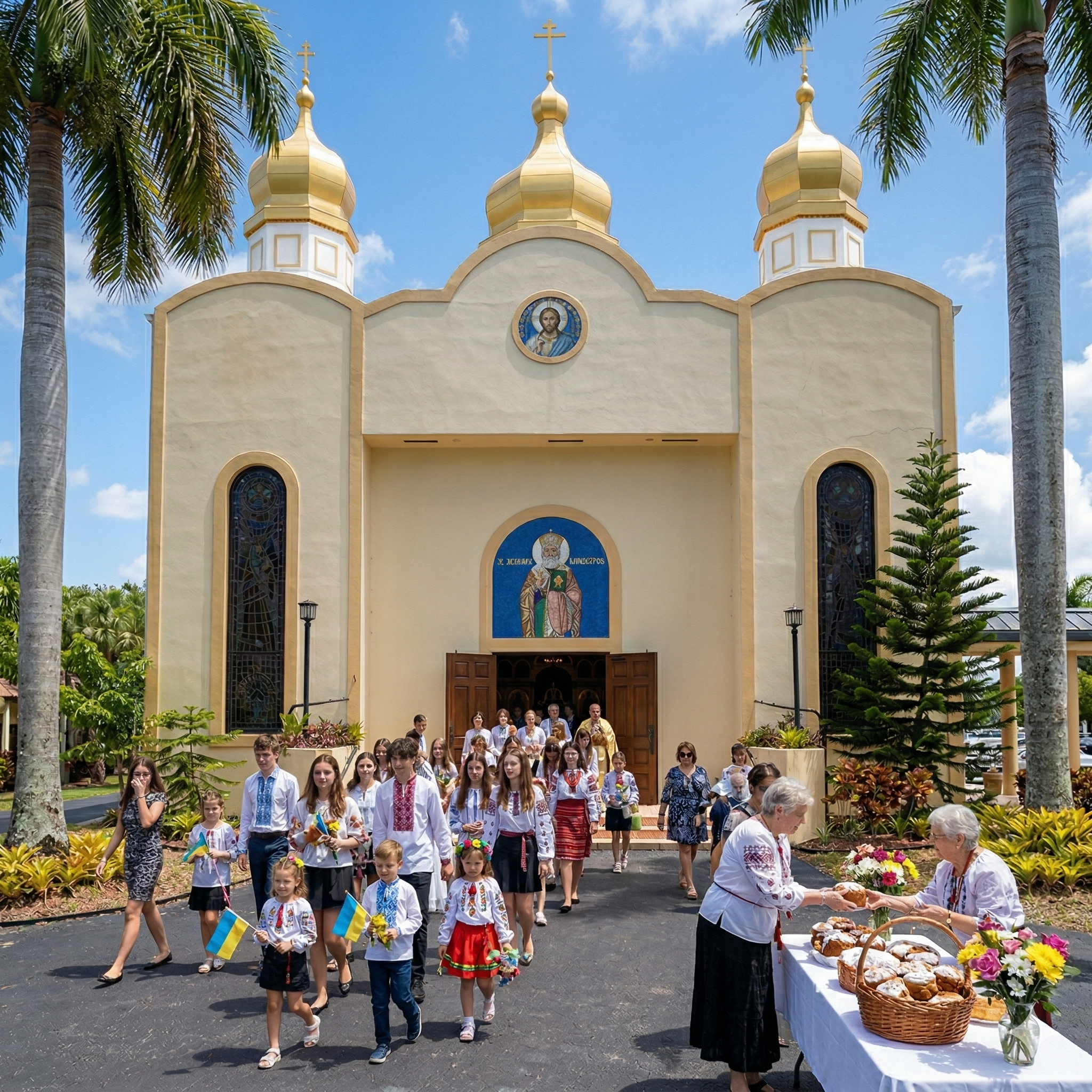 Parish community in traditional Ukrainian vyshyvankas leaving church